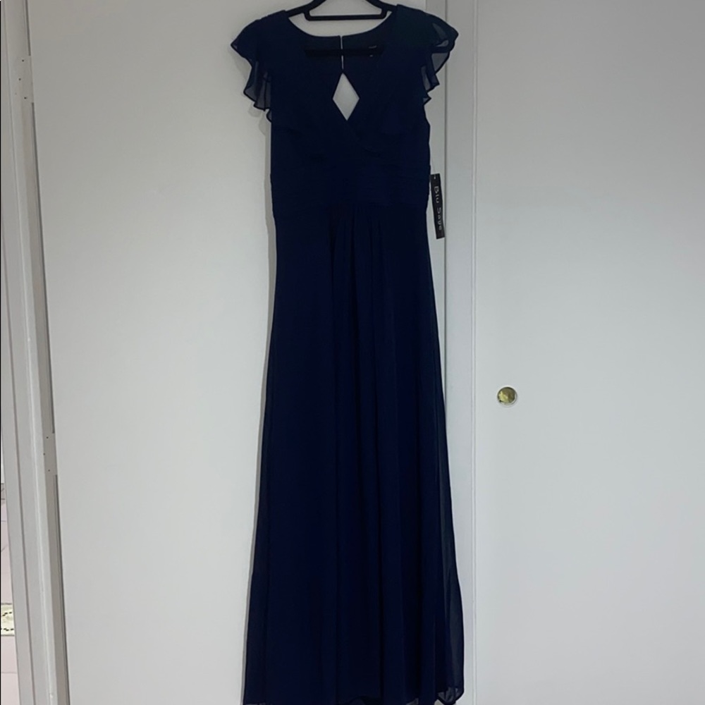 Blue Sage navy blue maxi dress with ruffle sleeves